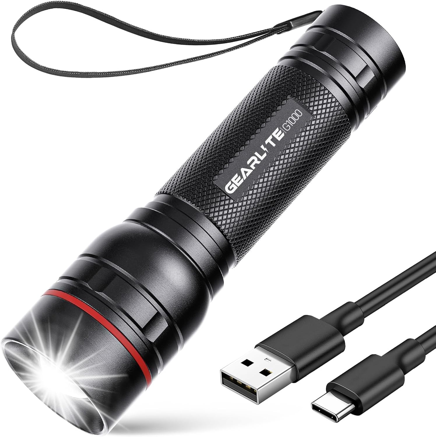 GEARLITE Rechargeable LED Torch, 2000LM Torches LED Super Bright with 3 Modes, Portable Small Torch with Battery, Waterproof Flashlight Zoomable for Power Cut, Emergency, Camping, Hiking, Outdoor