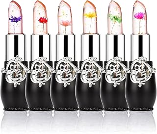 firstfly Pack of 6 Crystal Flower Jelly Lipstick, Long Lasting Nutritious Lip Balm Lips Moisturizer Magic Temperature Color Change Lip Gloss (Black)
