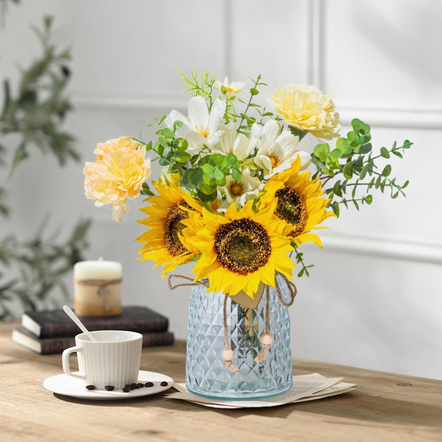 Artificial Flowers with Glass Vase Fake Flower Bouquet Faux Sunflower in Vases for Home Dcor Flowers Modern Home Decor Table Decorative Flower Vase for Dinner Office Bedroom, Yellow