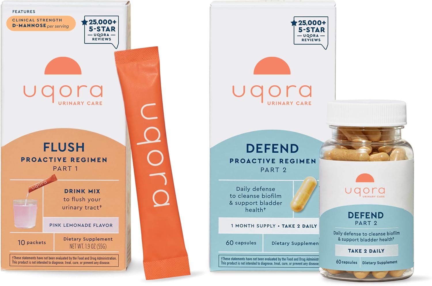 Uqora Flush (Pink Lemonade, 10 Packets) & Defend (60 Capsules) Bundle - Support Urinary Tract* with D-Mannose, Vitamin C & More - Support Bladder Health & Cleanse Biofilm* with D-Mannose & More