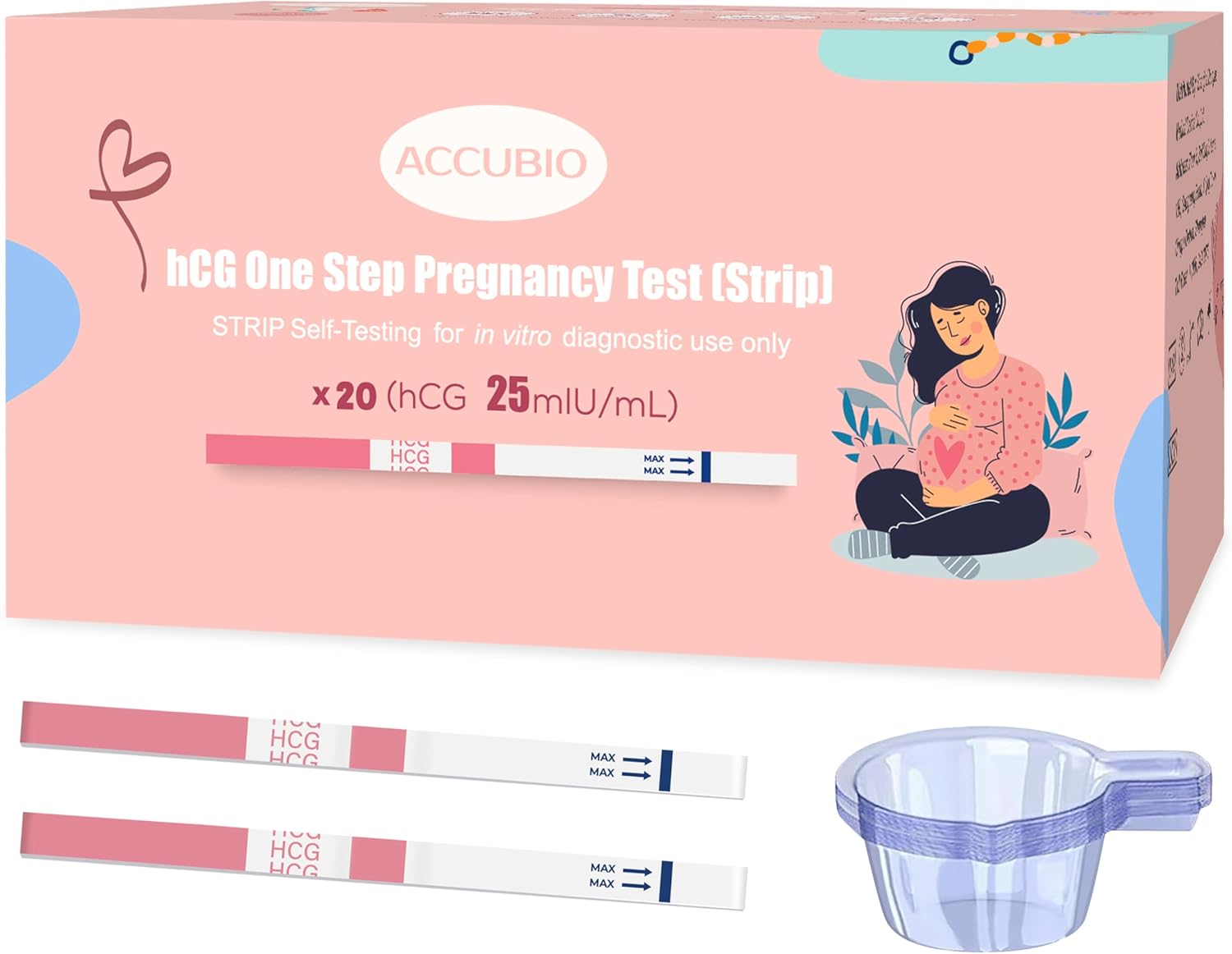 Pregnancy Test Strips with Urine Cups, hCG Detection Home Pregnancy Tests, Sensitive & Over 99% Accurate, 20 Count Individually Wrapped, Rapid hCG Test Strips, 5mm Wider 25mIU/mL