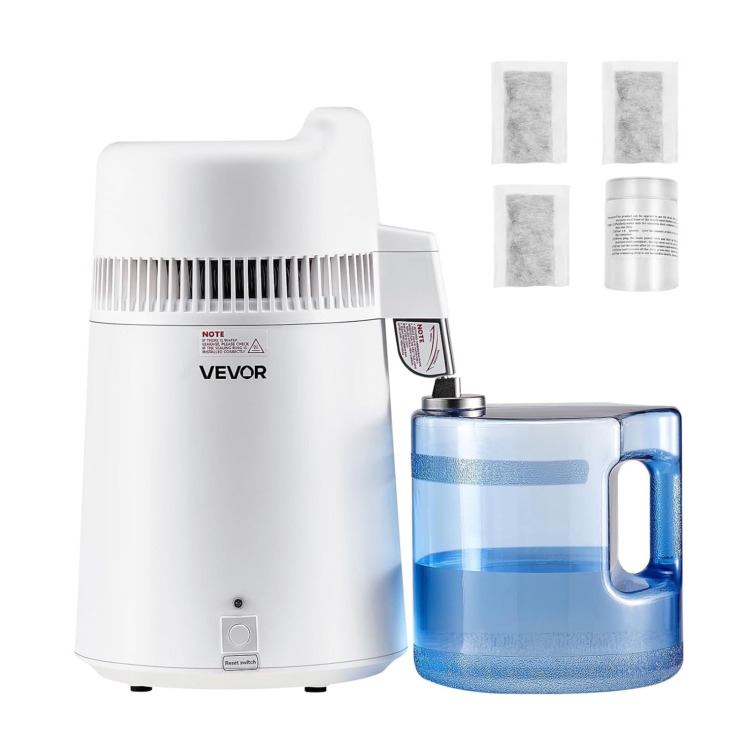 VEVOR Water Distiller, 6L/1.6 Gallon Large Distilled Machine, 900W Distilling Water Maker, 304 Stainless Steel Interior Stiller with Plastic Container, Countertop Distiller for Home, White