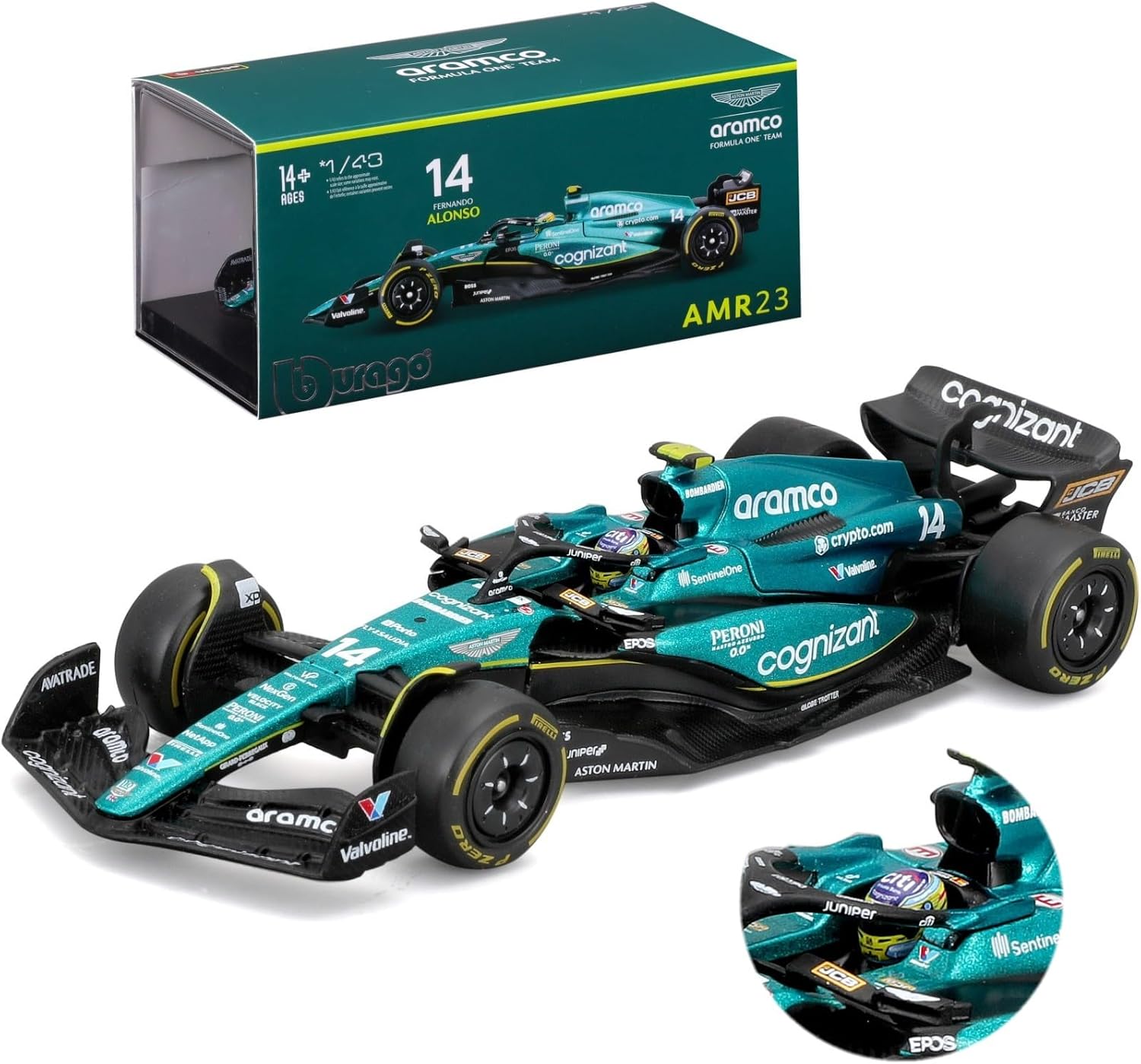 HTLNUZD 2023 Bburago New 1:43 F1 AMR23#14 Alonso Alloy Car Model Formula Racing for DieCast 1/43 Aston Martin #14 Acrylic Packaging Version Static Adult Collection Gift