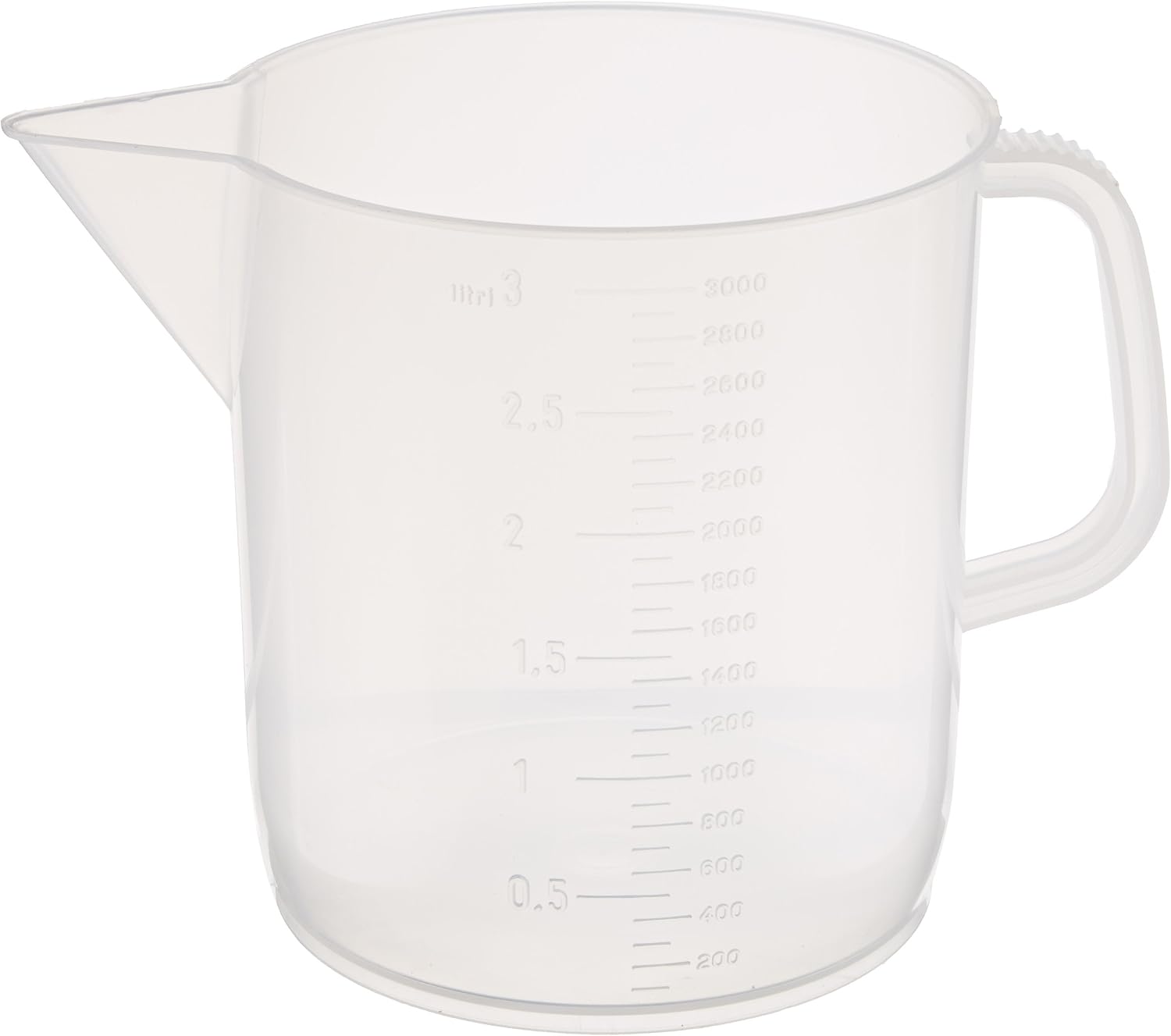 Globe Scientific 601159-1 Polypropylene Short Form Beaker with Handle, Molded Graduations, 3000mL Capacity, Each