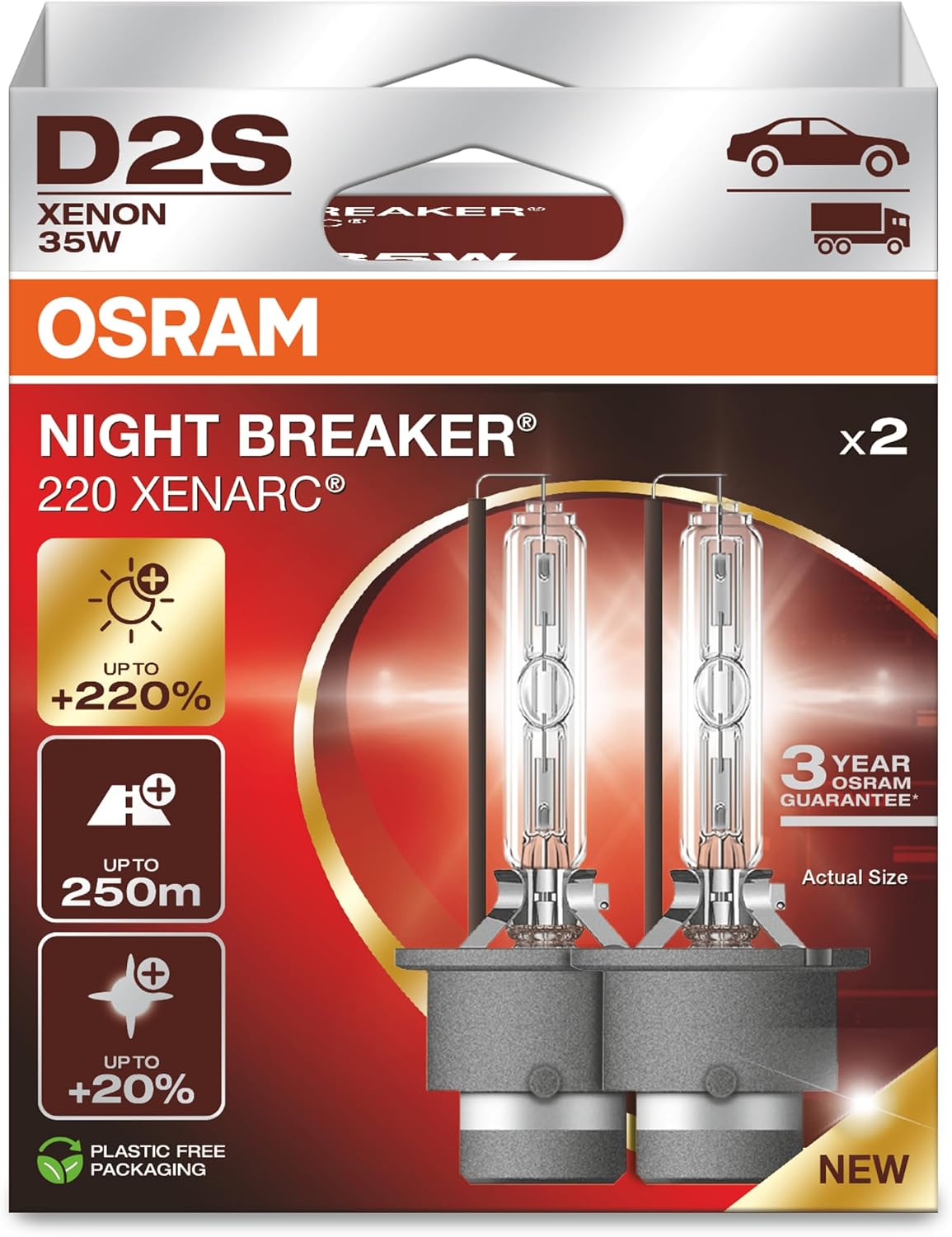 OSRAM Xenarc Night Breaker 220, D2S, 220% More Brightness, Xenon Headlight Bulb, 66240XN2-2HB, Folding Box (2 Lamps)