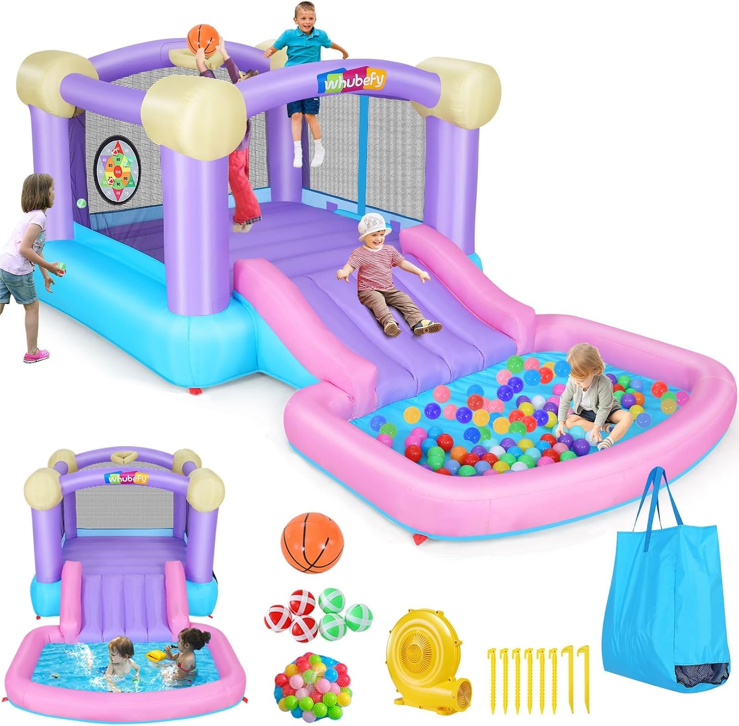 Whubefy Inflatable Pink Bounce House for Kids 2-8 with Ball Pit, 161x82x63 All-in-ONE Jump and Slide Water Park w/50 Ocean Balls, 6 Dart Target Balls, Basketball, Stakes, Repair Kits, Storage Bag