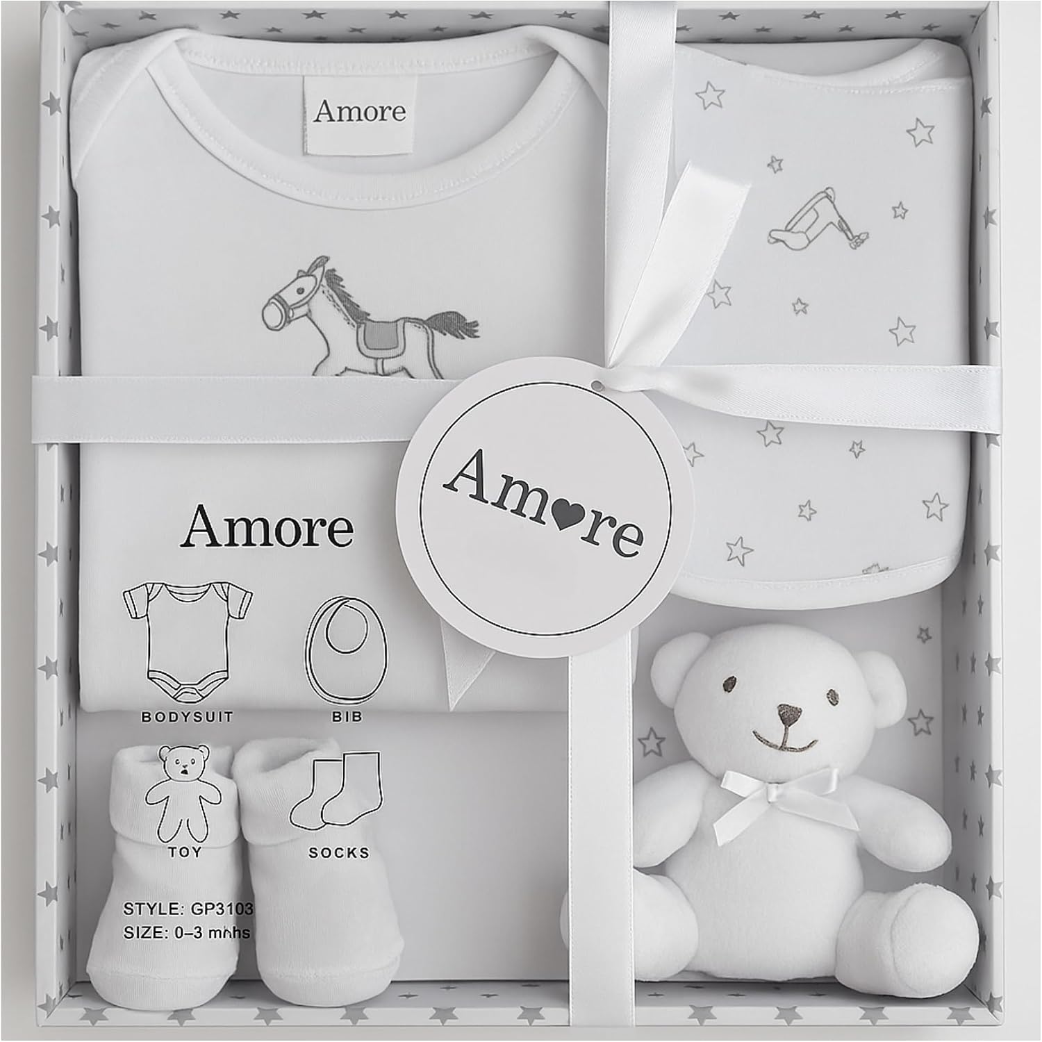 Newborn Baby Gift Set – 4 Piece White Unisex Baby Gift Box with Bodysuit, Bib, Socks & Soft Toy – Newborn Essentials for Baby Shower Gifts, Gener Reveal Gifts, New Baby Gift Hamper (White)