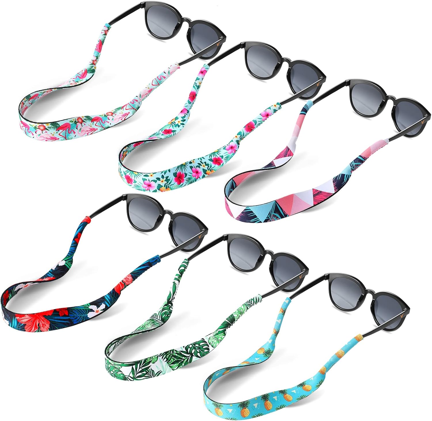 Flutesan 6 Pieces Floating Sunglasses Strap Hawaiian Float Neoprene Eyewear Retainer Summer Glasses Strap Sport Glasses Holder for Men Women