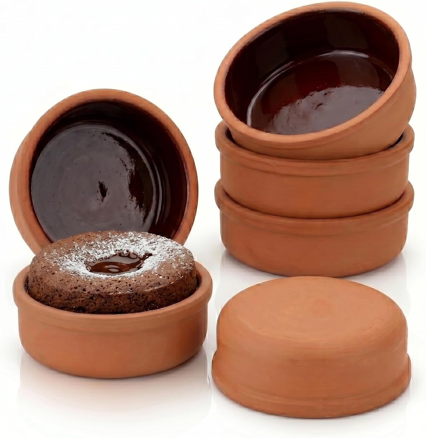 Hakan Hitit Clay Bowl Set of 6, Terracotta 4.5-inch Bowls, 8.5 Oz Glazed Inside Ancient Pottery, Turkish Clay Yogurt Pots, Earthenware for Mexican Dishes, 6 Pcs, 250 cc