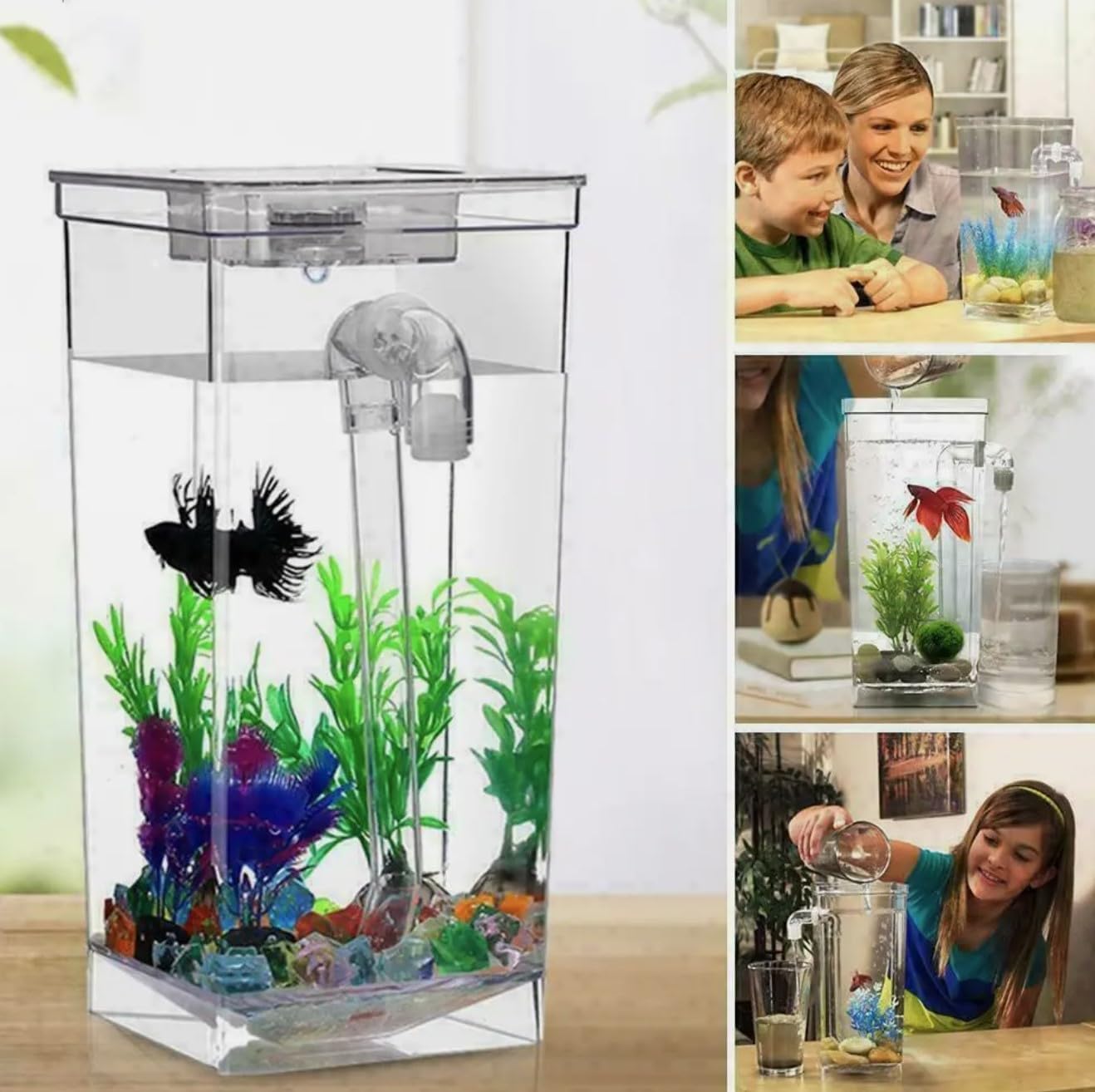 Self Cleaning DESKTOP AQUARIUM -Complete With LED Light & Gravity Clean, Riverbed Stones & Aquatic Plant