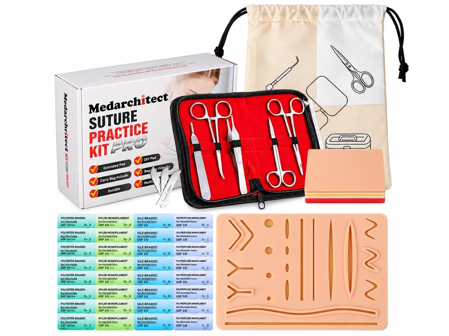 Medarchitect Suture Practice Kit with Pre-Cut Wound Pad &DIY Pad