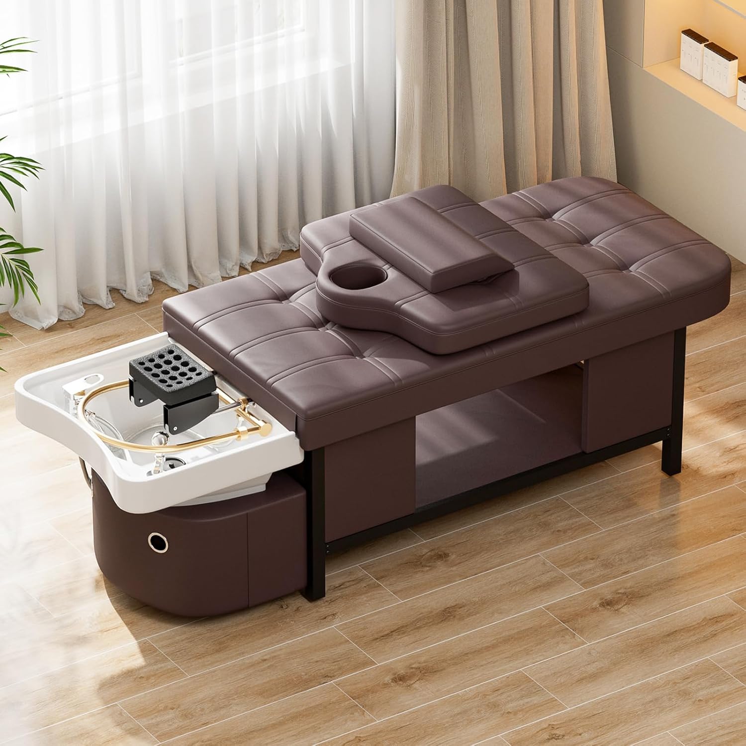 SyyBhb 2-in-1 Shampoo and Massage Bed with Waterfall Head Spa Equipment and Storage, Suitable for Barbershops Beauty Salon Spa Treatment Therapy Home Use, Brown
