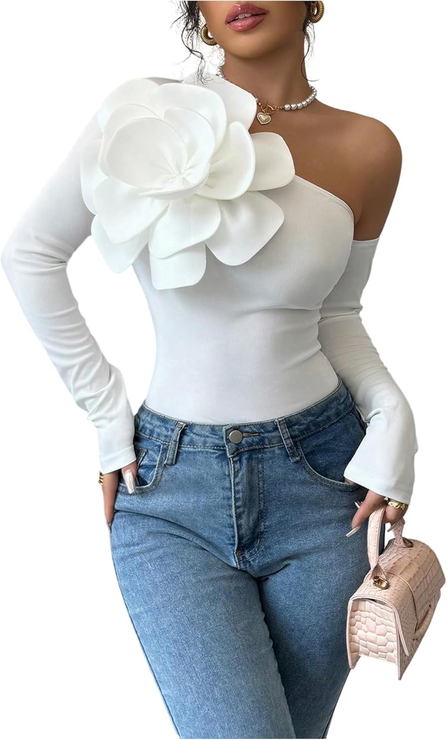 GORGLITTER Women's 3D Floral Applique Slim T Shirt Asymmetrical Neck Long Sleeve Y2K Tee Tops