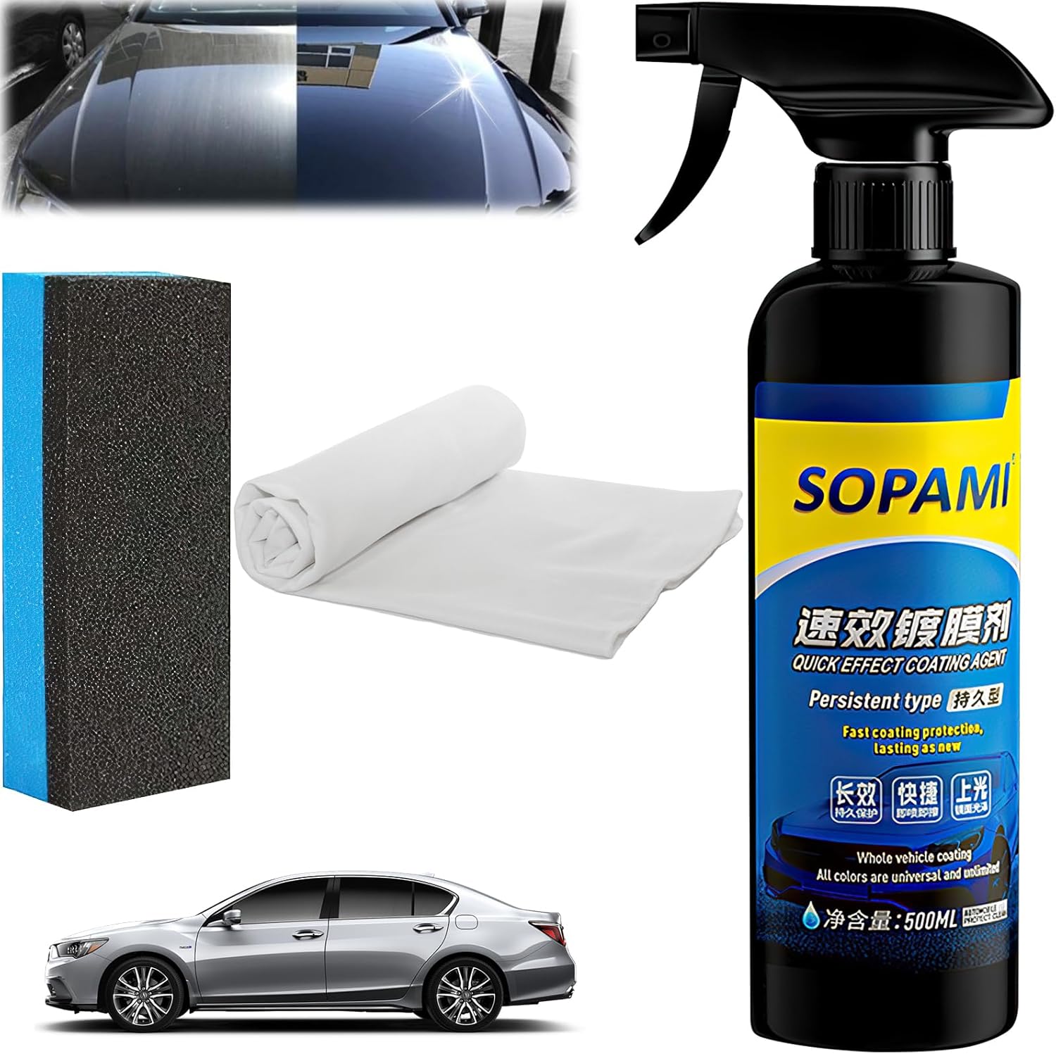 Sopami Car Coating Spray,Sopami Quick Effect Coating Agent,Sopami Quickly Coat Car Wax,Sopami Car Scratch Wax Polish Spray Waterless Wash,Sopami Oil Film Emulsion Glass Cleaner (1PC+Sponge+Cloth)