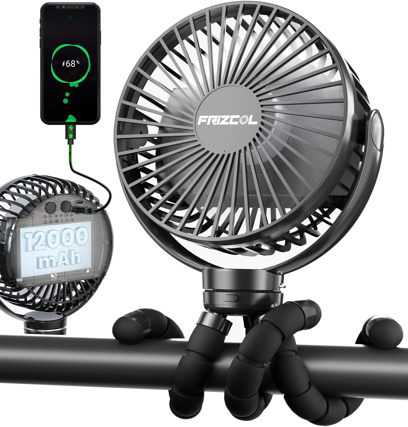 FRIZCOL Portable Stroller Fan, Use As Power Bank, 65H 12000mAh Battery Operated Fan Flexible Tripod Baby Car Seat Fans with Timming, Personal Mini Handheld/Desk/Small Clip On Fans For Stroller