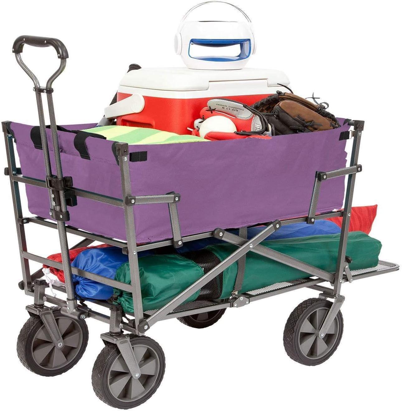 MacSports Double Decker Heavy Duty Steel Frame Collapsible Outdoor Utility Garden Cart Wagon with Lower Storage Shelf and 150 Pound Capacity, Purple