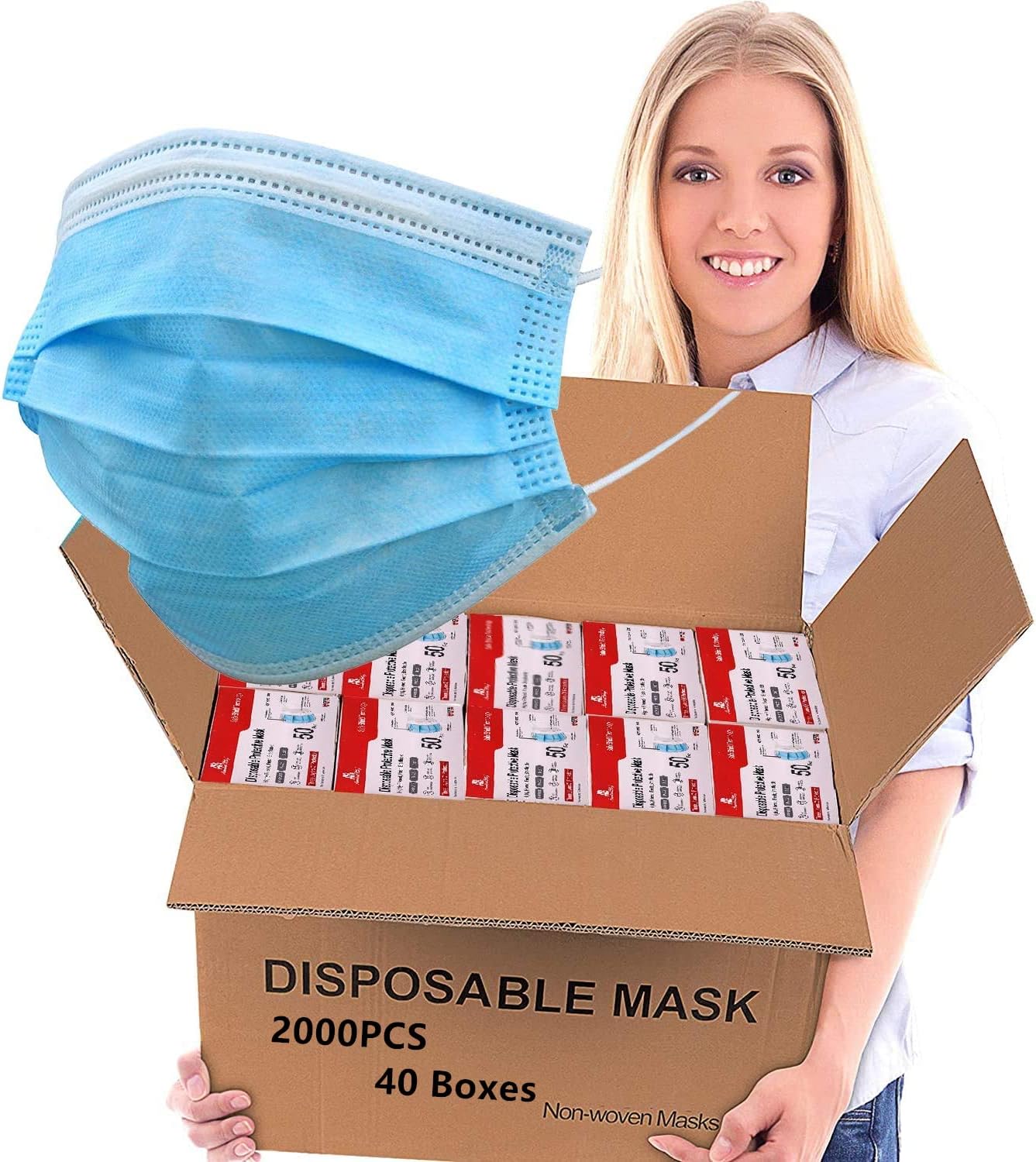 2000 PCS Bulk Blue Face Masks (40 Packs, 50pcs/Pack), Non Woven Thick 3-Layers Breathable Facial Masks with Adjustable Earloop, Mouth and Nose Cover