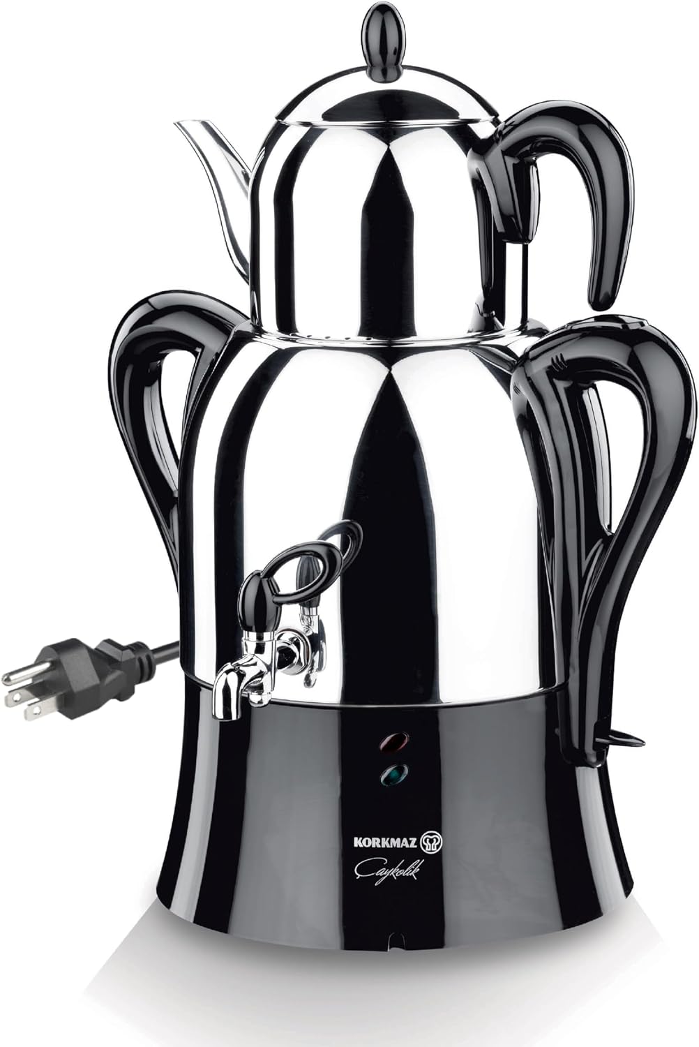 Korkmaz Caykolik A341-14 Stainless Steel Samovar, Upper Pot 1.1 L (37.1 Oz), Bottom Pot 3 L (101.4 Oz) Electric Turkish Tea Maker Set, Double Pots, Inox, Chrome, Black 110 V US Plug, 4.3- Quart