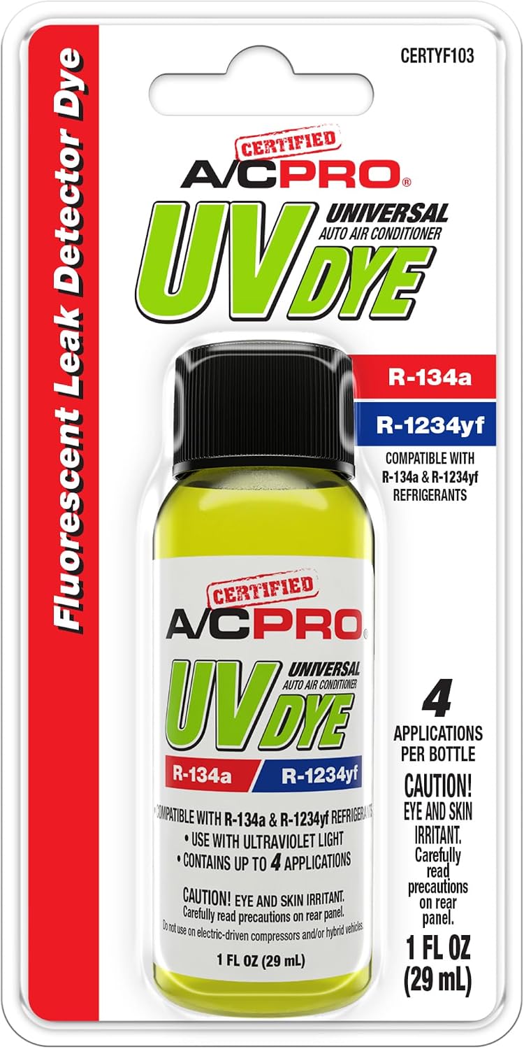 A/C Pro Certified A/C Pro Car Air Conditioner Leak Detector Dye, Leak Detection UV Dye Detects Leaks in R-1234YF AC Systems, 1 Oz