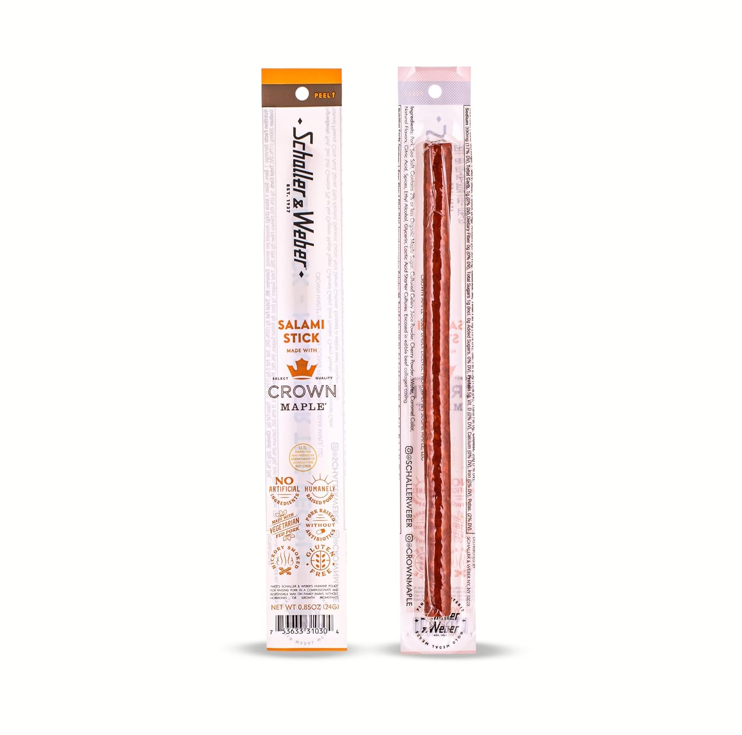 Schaller & Weber Crown Maple Salami Stick, Hickory Smoked, All-Natural, Ready to Eat Meat Snacks, 0.85 Ounce (Pack of 6)