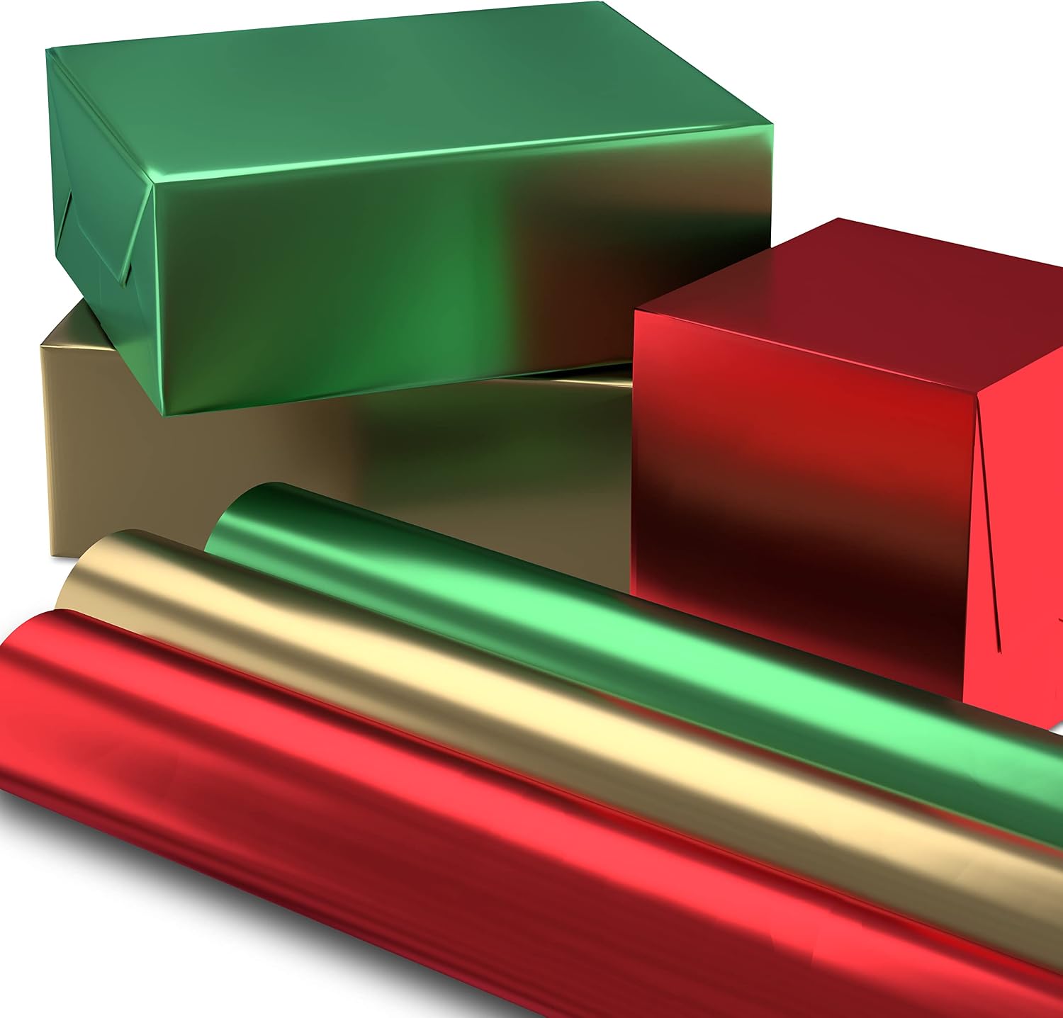 Hallmark Christmas Wrapping Paper Rolls - Solid Red, Green, Gold Metallic Foil Gift Wrap Paper (Set of 3 Rolls: 60 sq. ft. ttl.) for Holiday Parties, Hanukkah, Winter Weddings