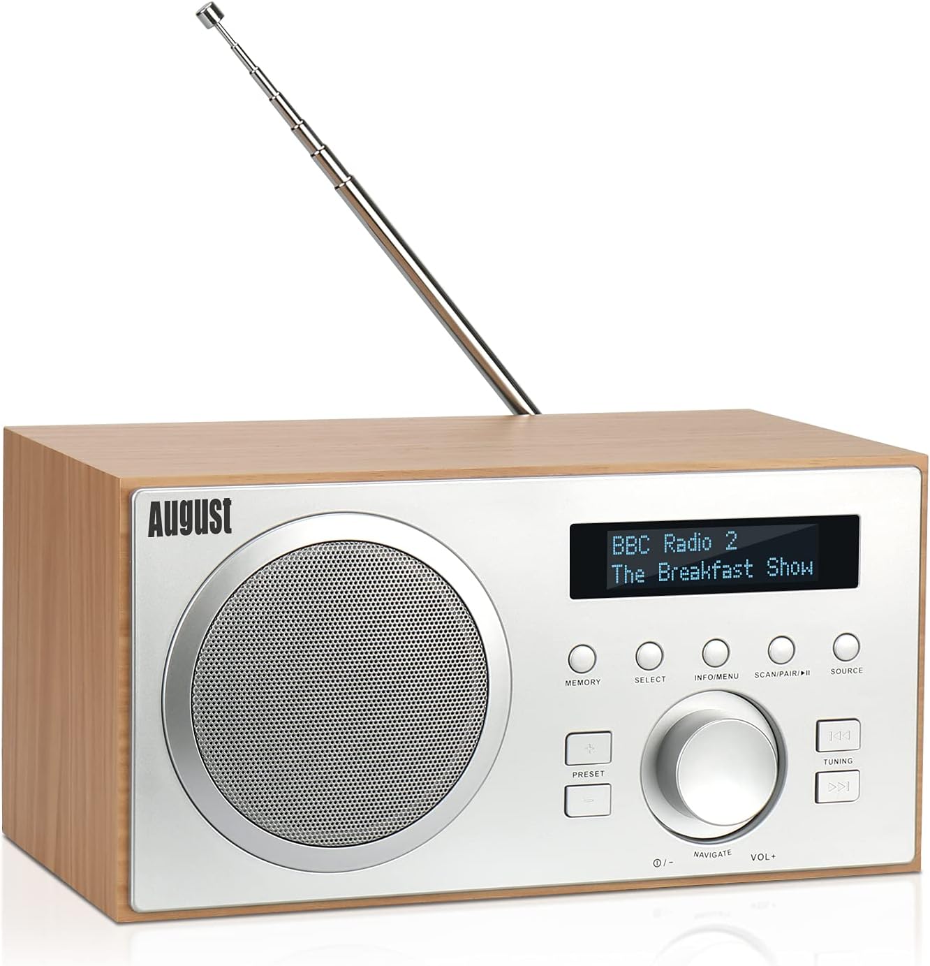 August MB420 DAB+ Radio with Bluetooth Speaker – Digital DAB & FM Radio with 30 Station Presets, Dual Alarm Clock, Sleep Timer, 5W Bass Reflex Stereo Speakers, Aux/USB/Mains Power, LCD Display – Oak
