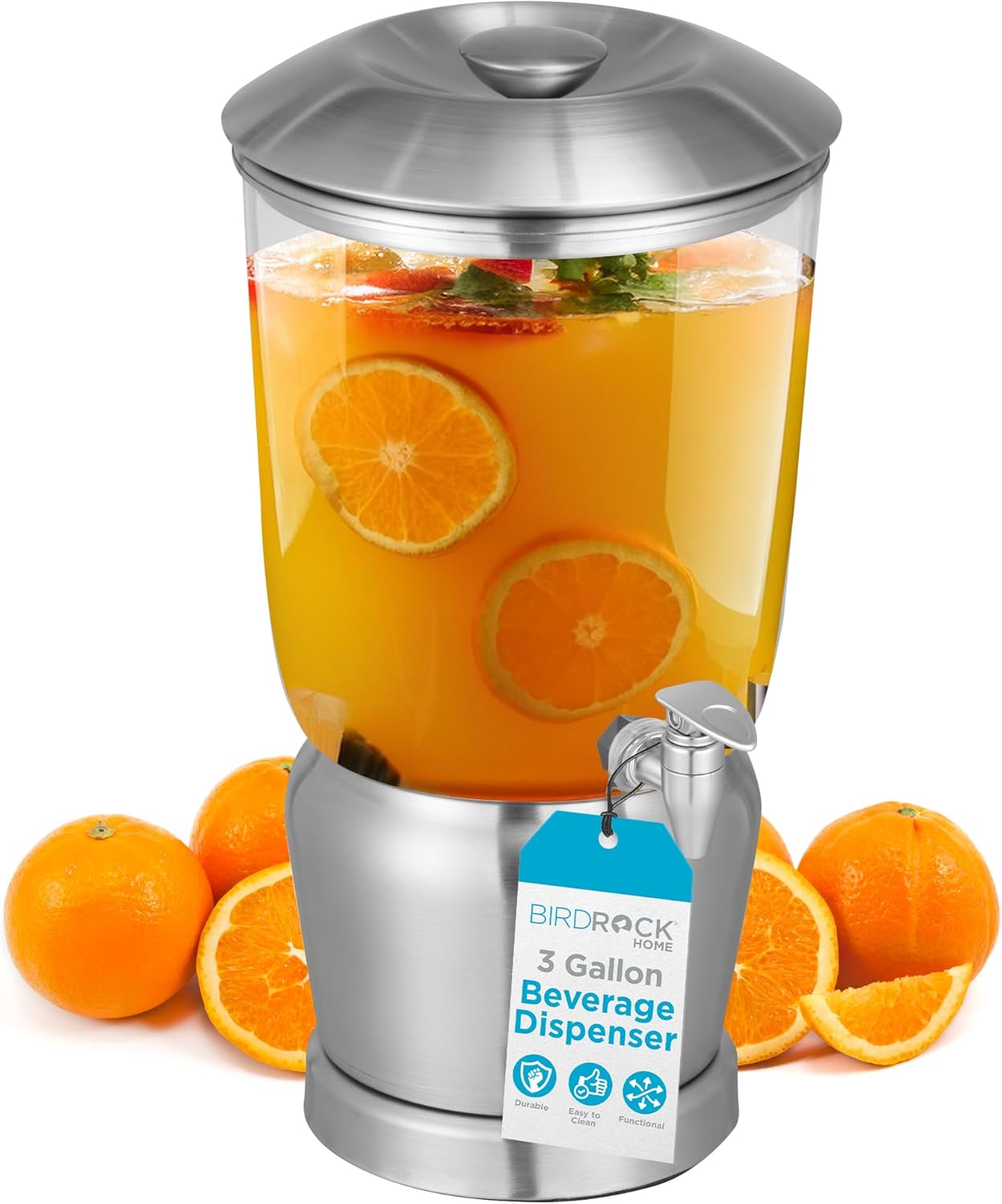 BIRDROCK HOME 3 Gallon Stainless Steel Beverage Dispenser with Ice Container, Spigot - Round - Lemonade Sangria Tea Water Drink Jar Jug - Home Parties - BPA Free Clear Tritan Plastic