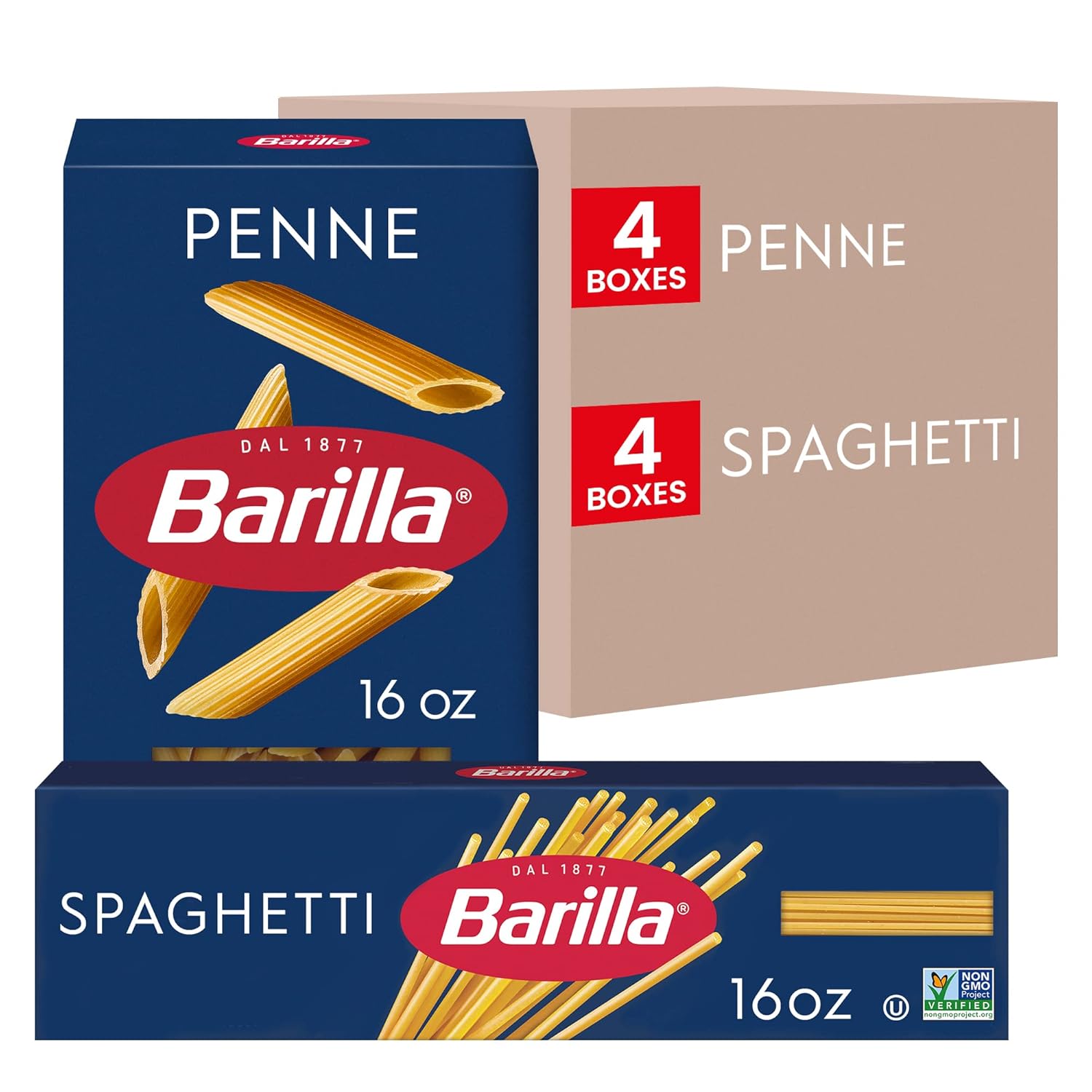 Barilla Penne & Spaghetti Pasta Variety Pack, 16 oz. Boxes (Pack of 8) - Non-GMO, Made with Durum Wheat Semolina - Kosher Certified