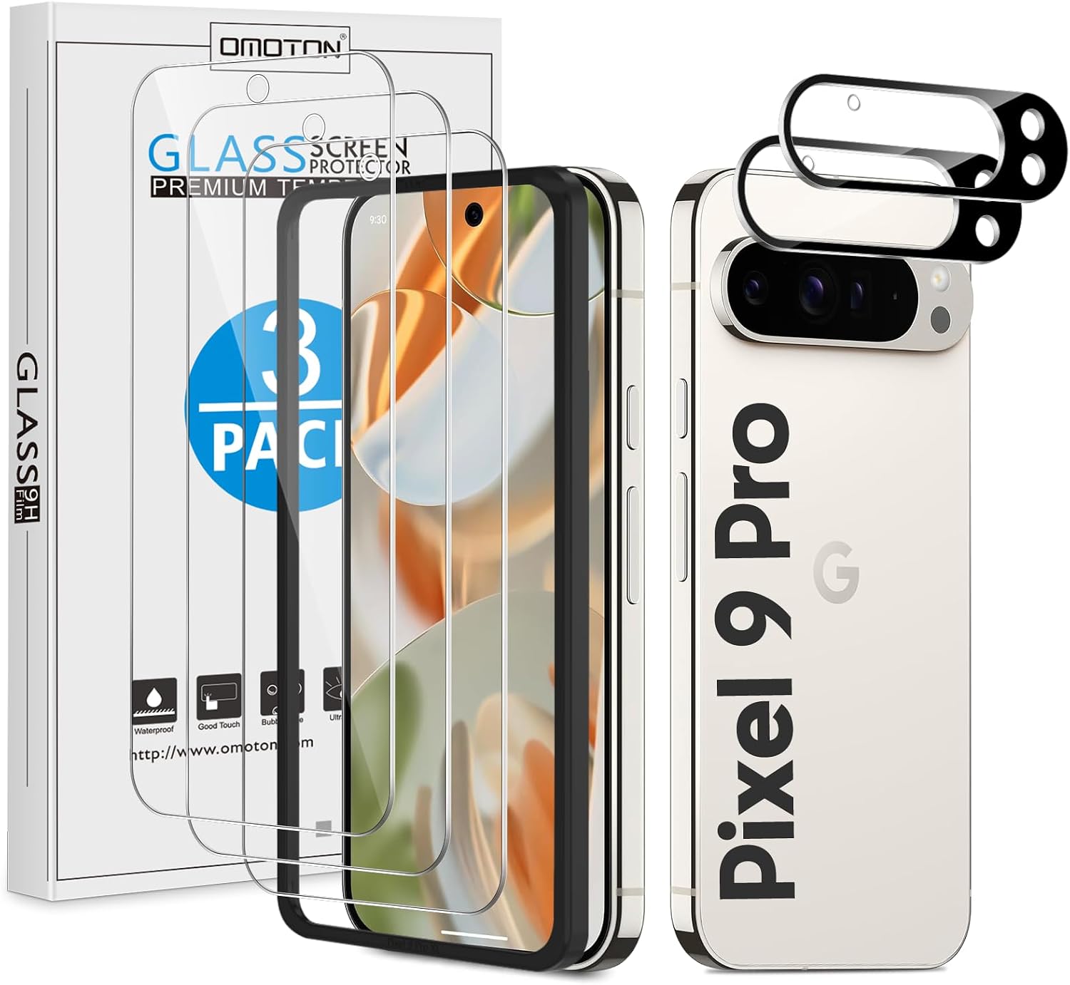 OMOTON 3+2 Pack for Google Pixel 9 Pro Screen Protector, 3 Pack Tempered Glass Screen Protector & 2 Pack Camera Lens Protector for Pixel 9 Pro 2024 Released 6.3-inch, Case Friendly/9H Hardness