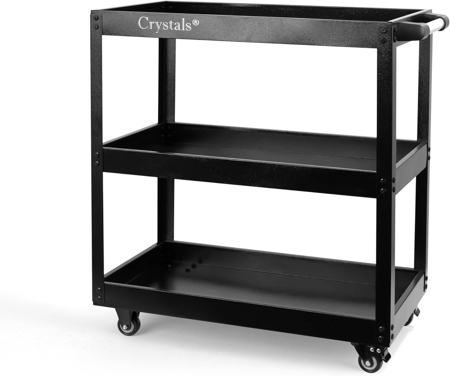 Crystals 3-Tier Heavy Duty Tool Trolley Cart on Wheels – Workshop & Garage Service Cart – Tool Storage Organiser with Handle and Lockable Wheels (Black)