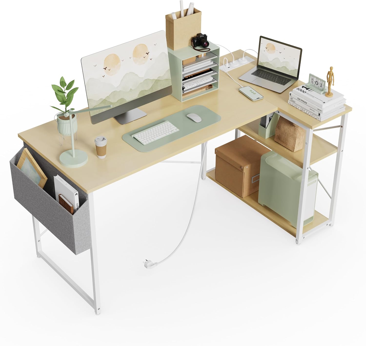 BEXEVUE Small L Shaped Desk with Power Outlets - 100x70 cm Corner Computer Desk Writing Table, Reversible Large Storage Shelves, Bookshelf Workstation for Study Play Work Bedroom Home Office Beige