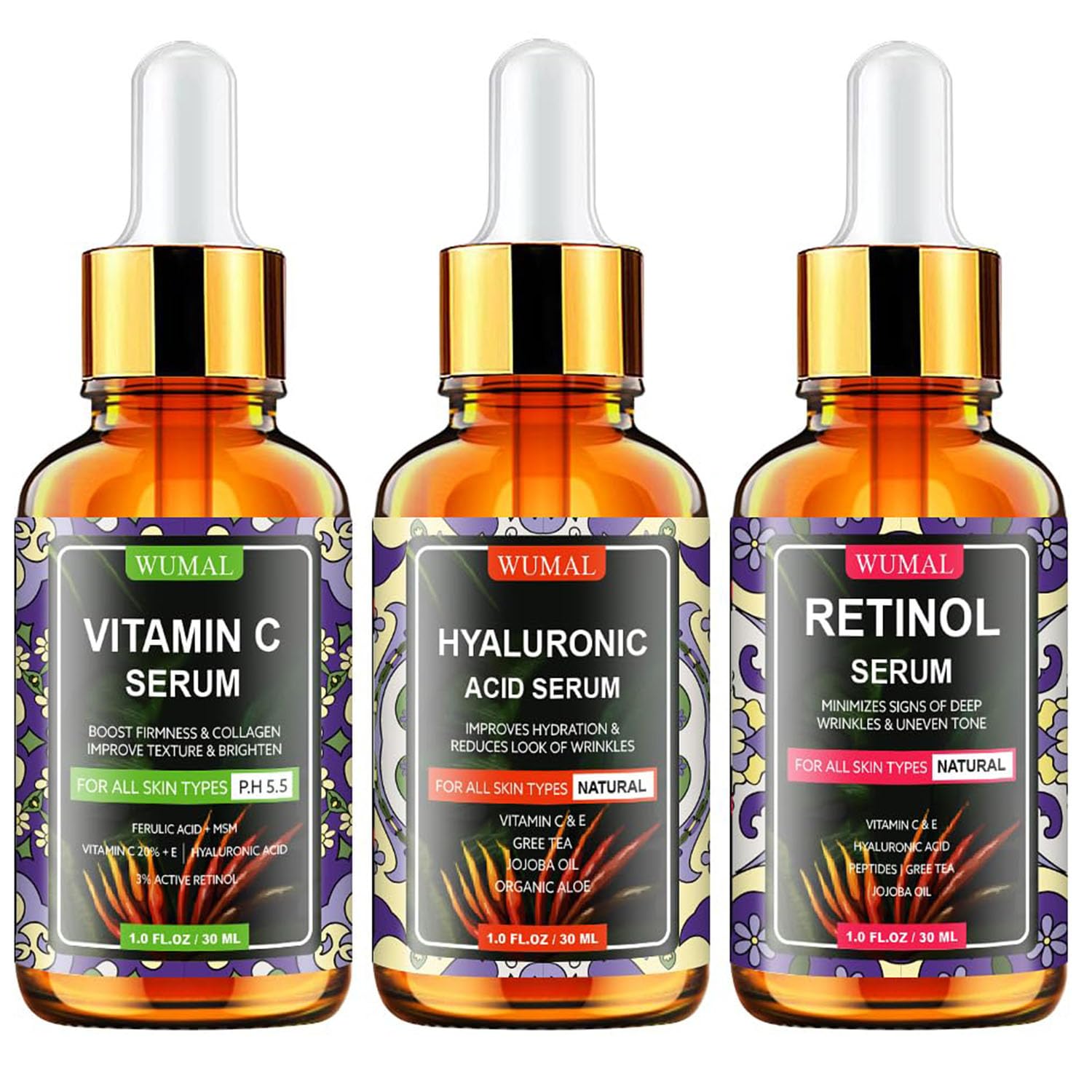 3 Pack Face Serum Set - Includes Vitamin C, Retinol & Hyaluronic Acid - Firming, Brightening & Hydrating - Reset Your Skin Day and Night