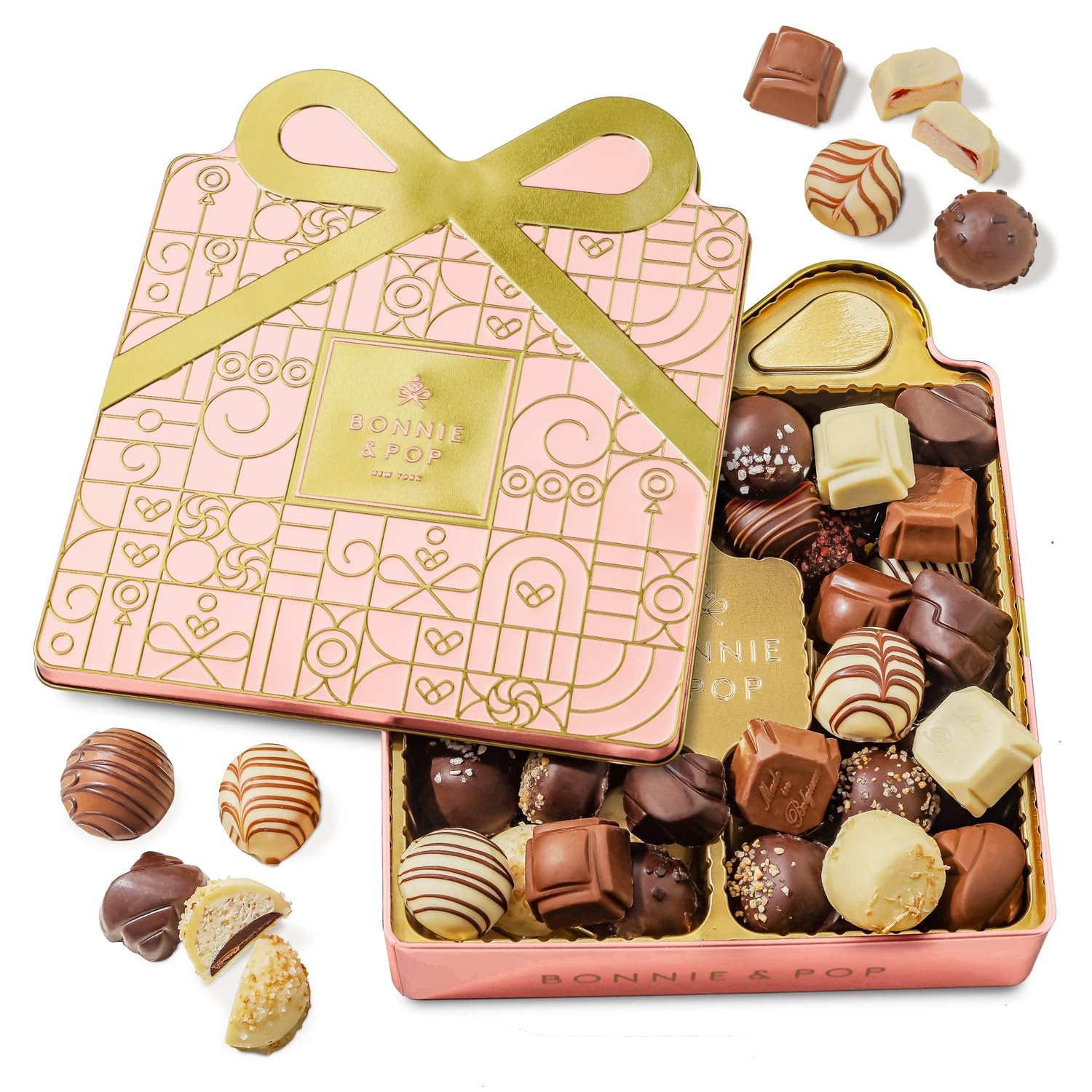 Mothers Day Chocolate Gift Basket, Candy Food Gifts Arrangement Platter, Gourmet Snack Gift Bow Tin Box, Present Idea, Stocking Stuffer, Corporate Him & Her, Men Women Family Parties- Gourmet Belgian Truffles- Pink- Bonnie & Pop