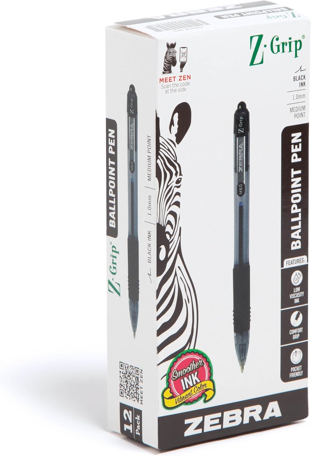 Zebra Pen Z Grip Black Pens Ballpoint, Smooth Writing Pen With Pocket Clip, Retractable Black Ink Pens, Reliable Black Biro Multipack For Everyday Use - Medium Point, 12pk
