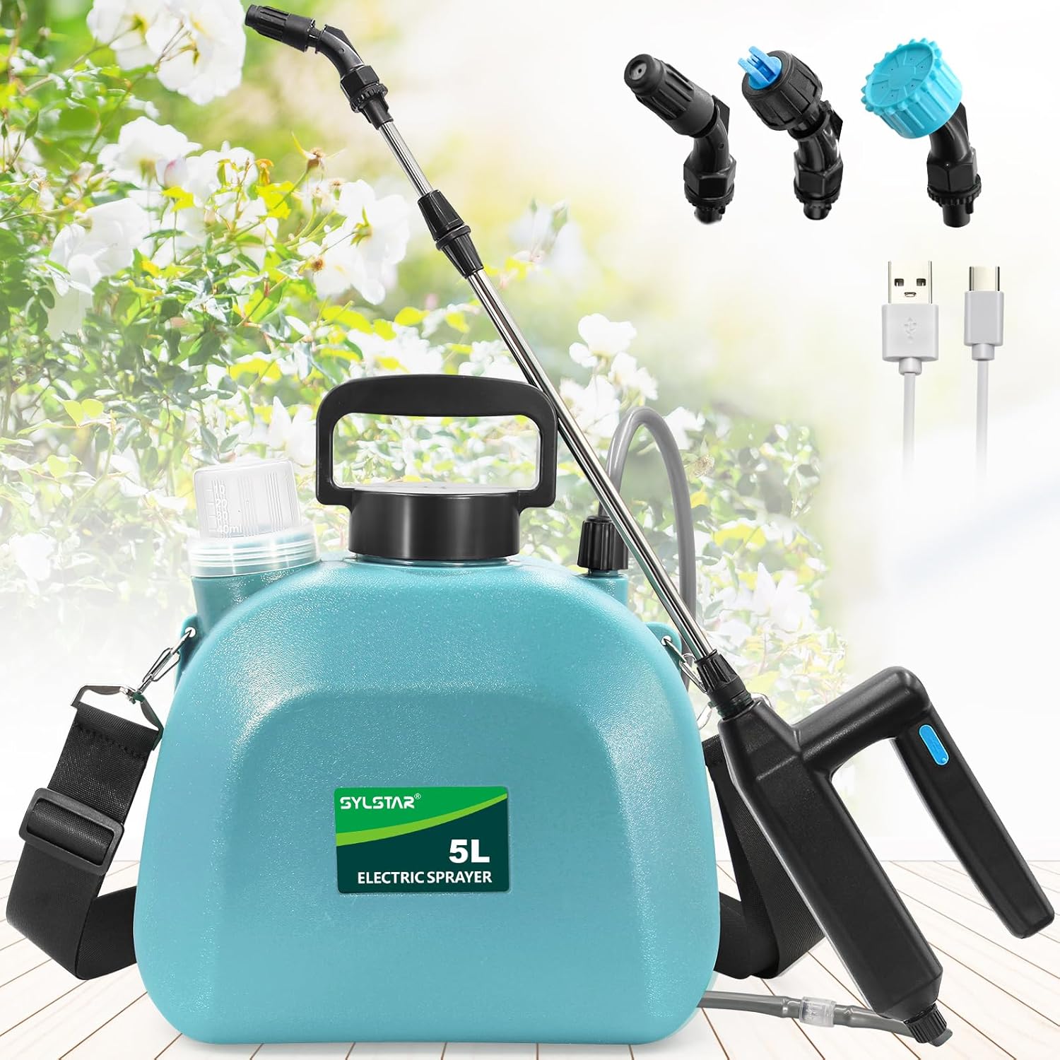 Battery Powered Sprayer 5L, Upgrade Electric Garden Sprayer with 3 Mist Nozzles, USB Rechargeable Handle and Retractable Wand, Weed Spray&Water Spray with Adjustable Shoulder Strap