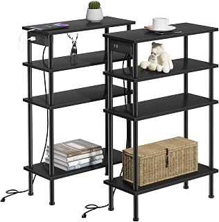 Narrow Side Table with Charging Station, 4 Tier Small End Tables Set of 2 with USB Ports and Outlets, Slim Nightstands for Small Spaces, Skinny Bedside Table for Living Room, Bedroom, Black