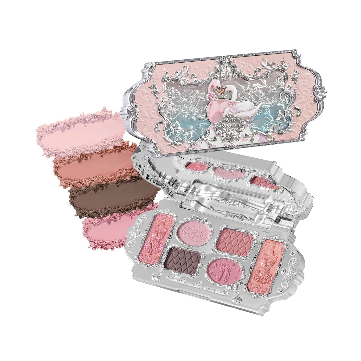 Flower Knows Swan Ballet 6-Color Makeup Palette, Soft Rosy Pink | 4 Matte and 2 Shimmer Shades, Smooth Blendable Powder Formula, Gift-Ready Collectible Compact, Cruelty free (03 Pink Swan)