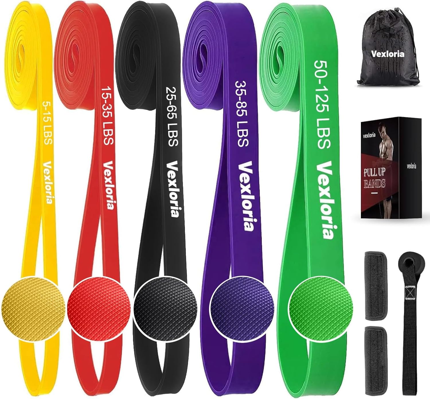 Vexloria Resistance Bands, 5 Levels Resistance Pull Up Bands Set with Door Anchor, Handles, Pull Up Assistance Bands for Calisthenics, Bodyweight Training, Muscle Toning, Yoga, Stretch Mobility