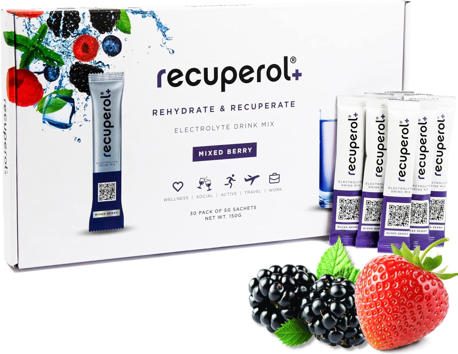 Recuperol Rehydration & Recovery Electrolytes Powder Drink Mix, 30 Pack, High Electrolyte Content, Vegan - Natural Mixed Berry Flavour - Zinc, Vitamin C, B12, D3, Potassium