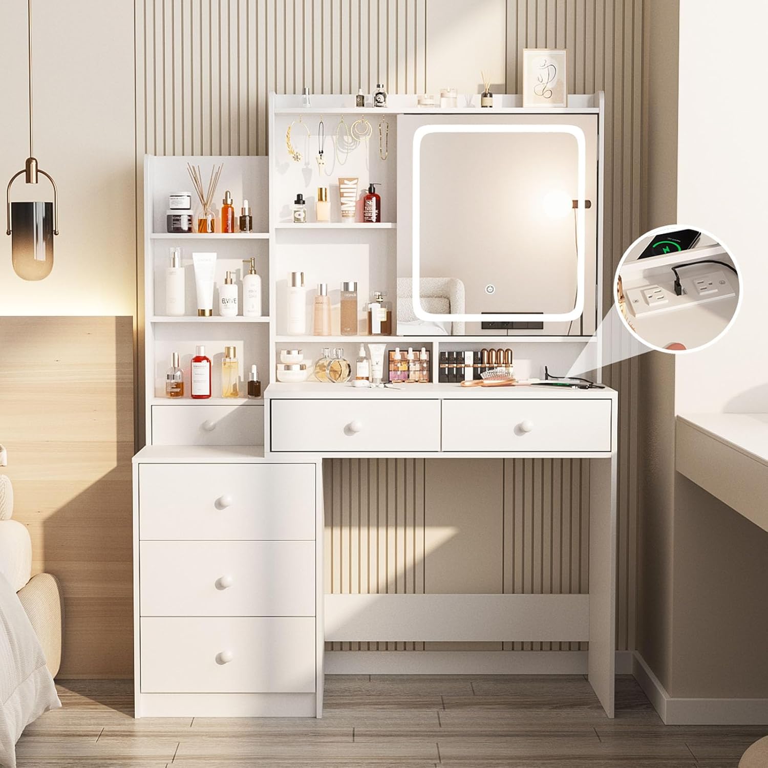 Vabches Vanity Desk with Mirror and Lights,Makeup Vanity with 6 Drawers and Shelves,Dressing Table with Power Outlet,Makeup Desk with Led Lighted Mirror in 3 Colors,for Bedroom,White