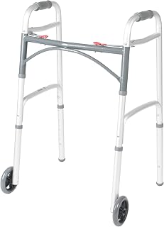 Drive Medical 10210-1 2-Button Folding Walker with Wheels, Rolling Walker, Front Wheel Walker, Lightweight Walkers for Seniors and Adults Weighing Up To 350 Pounds, Adjustable Height, Silver
