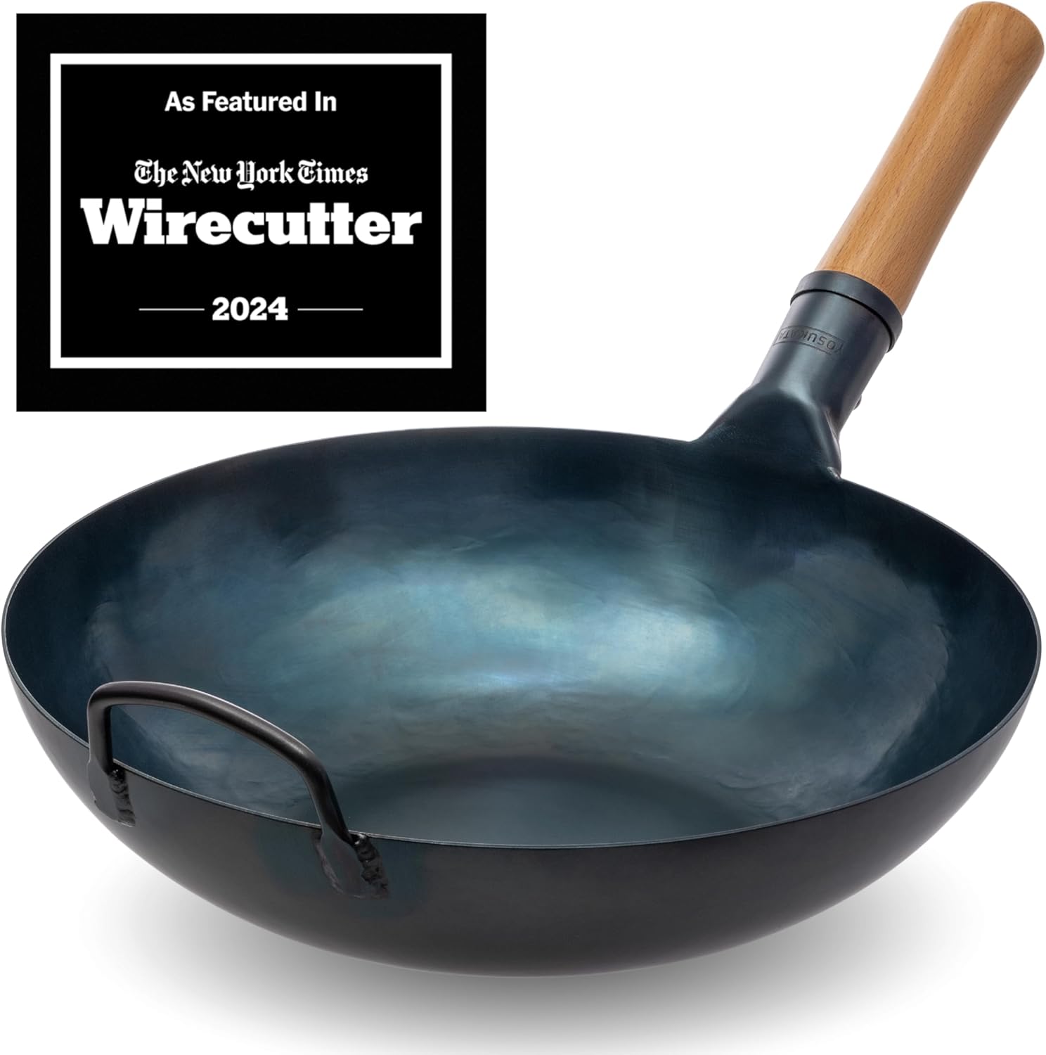 YOSUKATA Flat Bottom Wok Pan - 34 cm Pre-Seasoned Blue Carbon Steel Wok - Traditional Japanese Cookware for Electric Induction Ceramic Gas Cooktops and Open Fire - Stir Fry Pans for Camping BBQ Grill