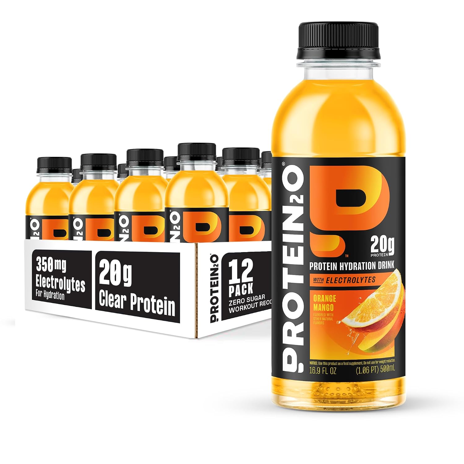 Protein2o Hydration Drink - 2-in-1 Liquid Clear Whey Protein Isolate and Electrolyte Drink - 20g Protein, Vitamins B5, B6 - Post-Workout Recovery - 16.9 Fl Oz - 12 Count Orange Mango