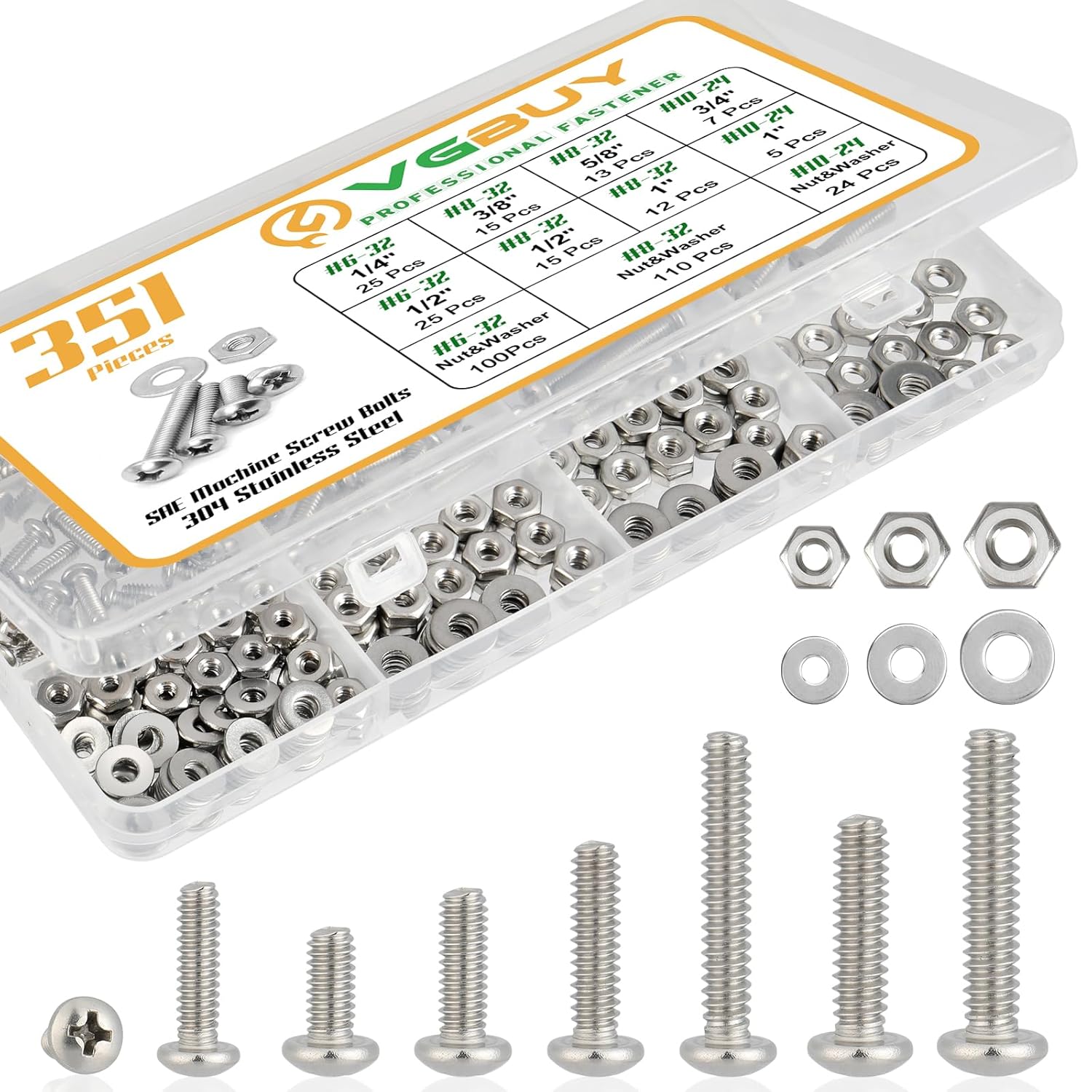 351Pcs Machine Screws Nuts and Bolts Assortment Kit, # 6-32# 8-32# 10-24 Phillips Pan Head Assorted 304 Stainless Steel Bolts Nuts Flat Washers Bolts with Case