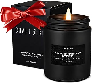 Premium Oakwood, Mahogany & Vetiver Scented Candles | Fall Scented Candles for Home | Soy Candles | Holiday Candles | Wood Wicked Candles | Long Lasting Candles with 45 Hour Burn Time- 7.6oz