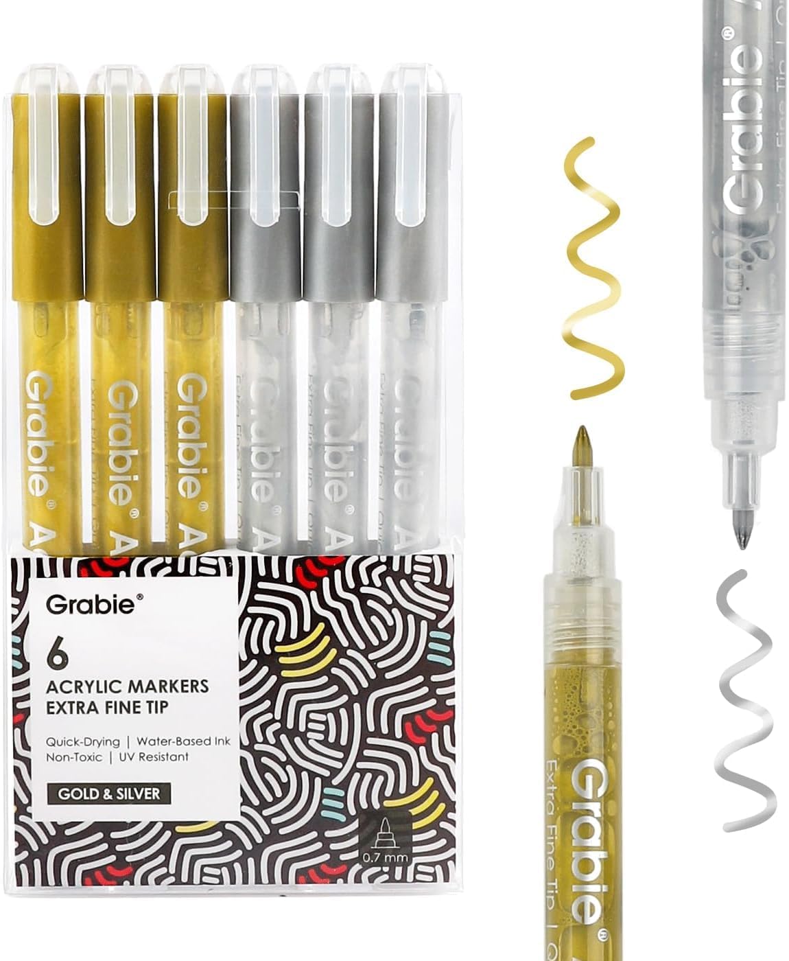 Grabie 0.7 mm Acrylic Paint Markers, Pack of 6 gold & silver Pens | Rich Glossy Metallic Gold & Silver Ink, Clog-Free Smooth Writing, Works on Paper Wood Glass Fabric, Odorless Paint Pens
