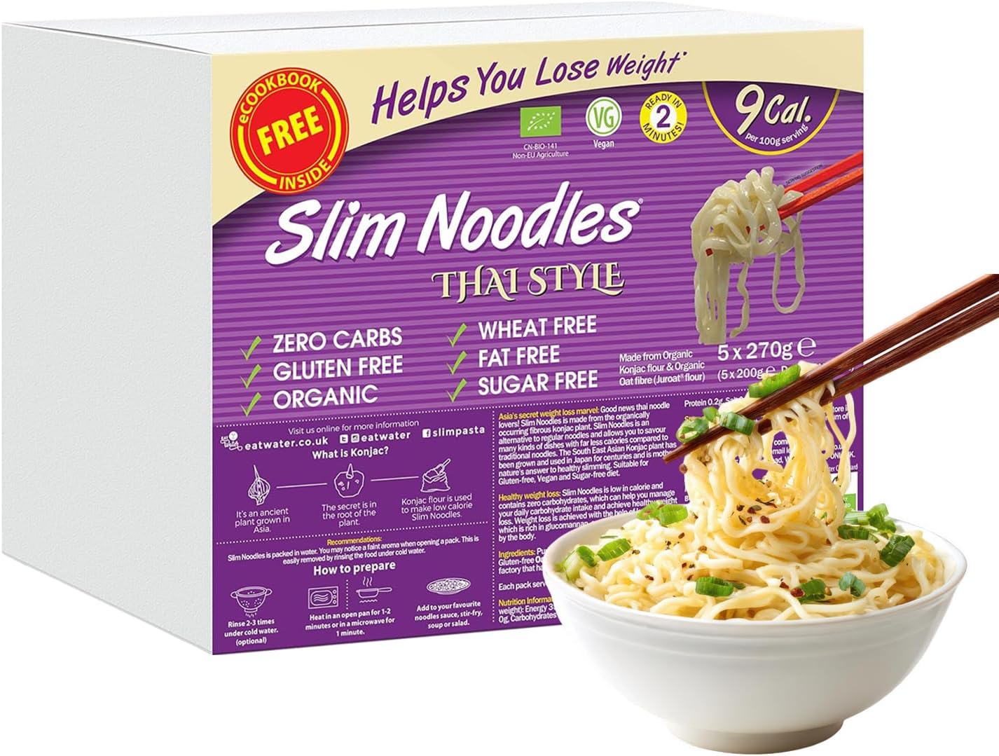 Eat Water Slim Noodles Thai Style 270g (Pack of 5) – Organic Konjac Noodles, Low Calorie, Zero Sugar, Gluten-Free, Low Carb, Wheat-Free, Vegan, Instant Meal, Plant-Based Noodle Alternative