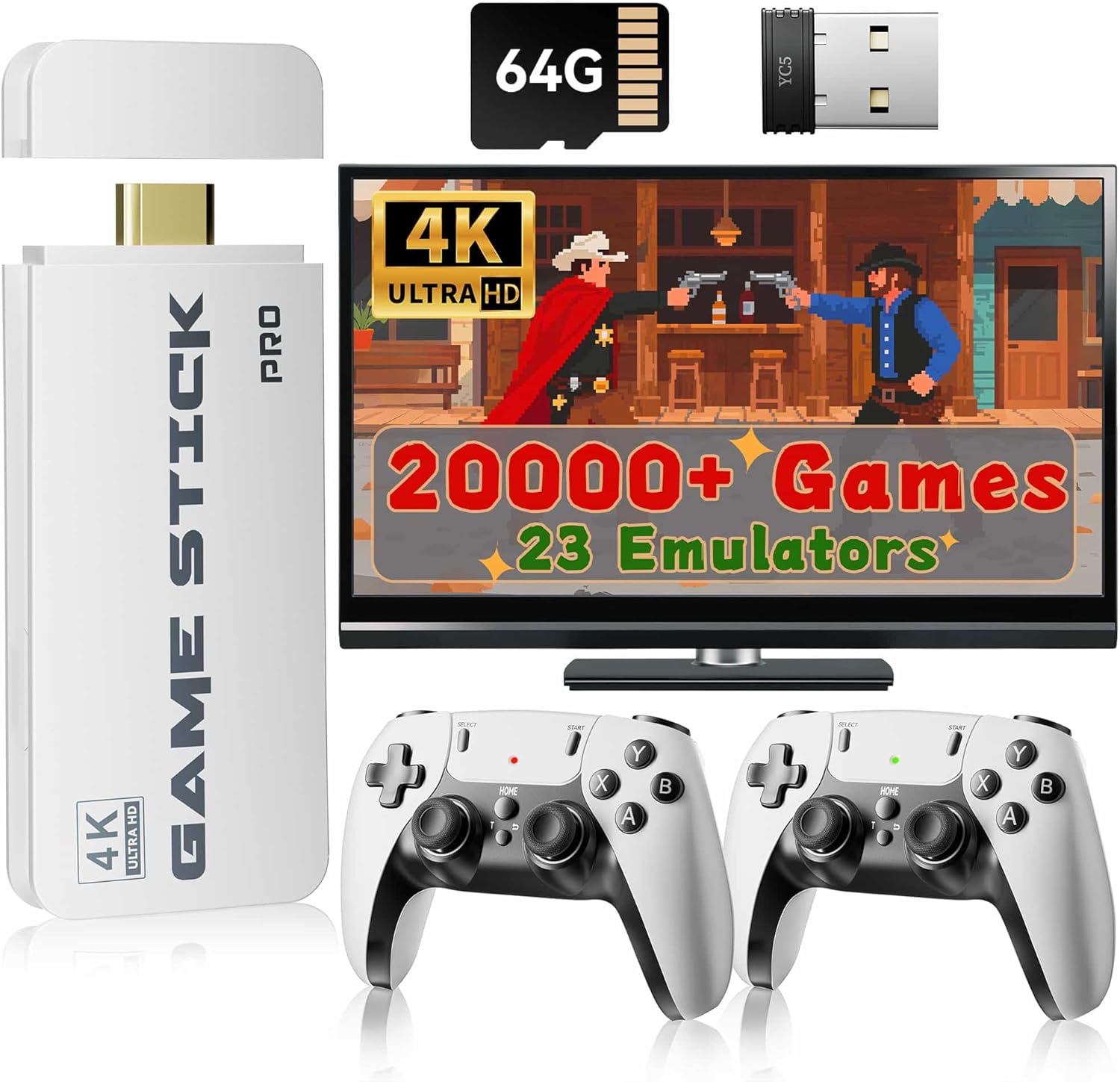 2025 Upgraded Retro Gaming Console Stick Pro, Classic Video Games Stick with 4K HDMI, Built-in 23 Game Emulators, 20000+ Games - Video Gaming Stick with Upgrade Dual 2.4G Wireless Controllers (64G)