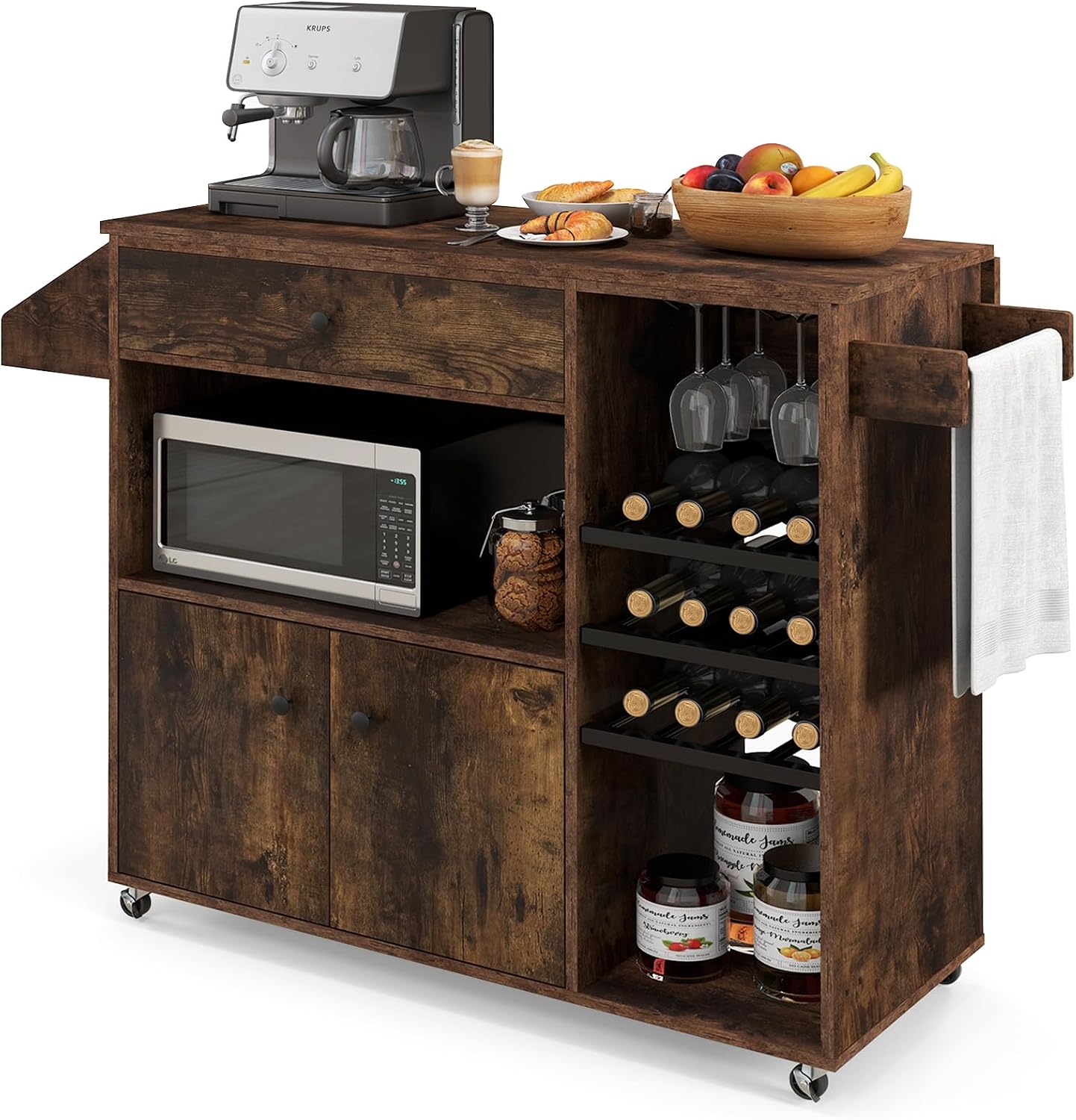 TANGZON Kitchen Island on Wheels, Rolling Kitchen Storage Trolley with Drop Leaf Worktop, Drawer, Wine Rack, Glass Holder, Open & Adjustable Shelf, Utility Bar Serving Cart Sideboard (Rustic Brown)