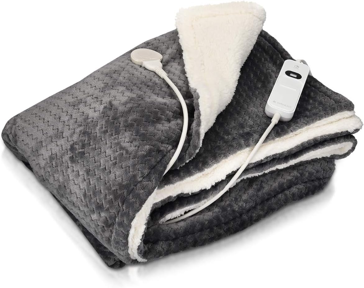 Navaris Grey/White Heated Throw Electric Blanket 180 x 130cm Heated Blanket Machine Washable Faux Fur Electric Throw Overblanket with 3HR Auto-Off Timer and 3x Control Heat Setting